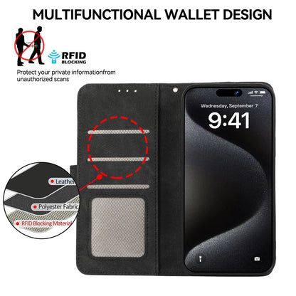 ELECTROPRIME For iPhone 15 ABEEL Color Block Magnetic RFID Leather Phone Case(Black-Green)