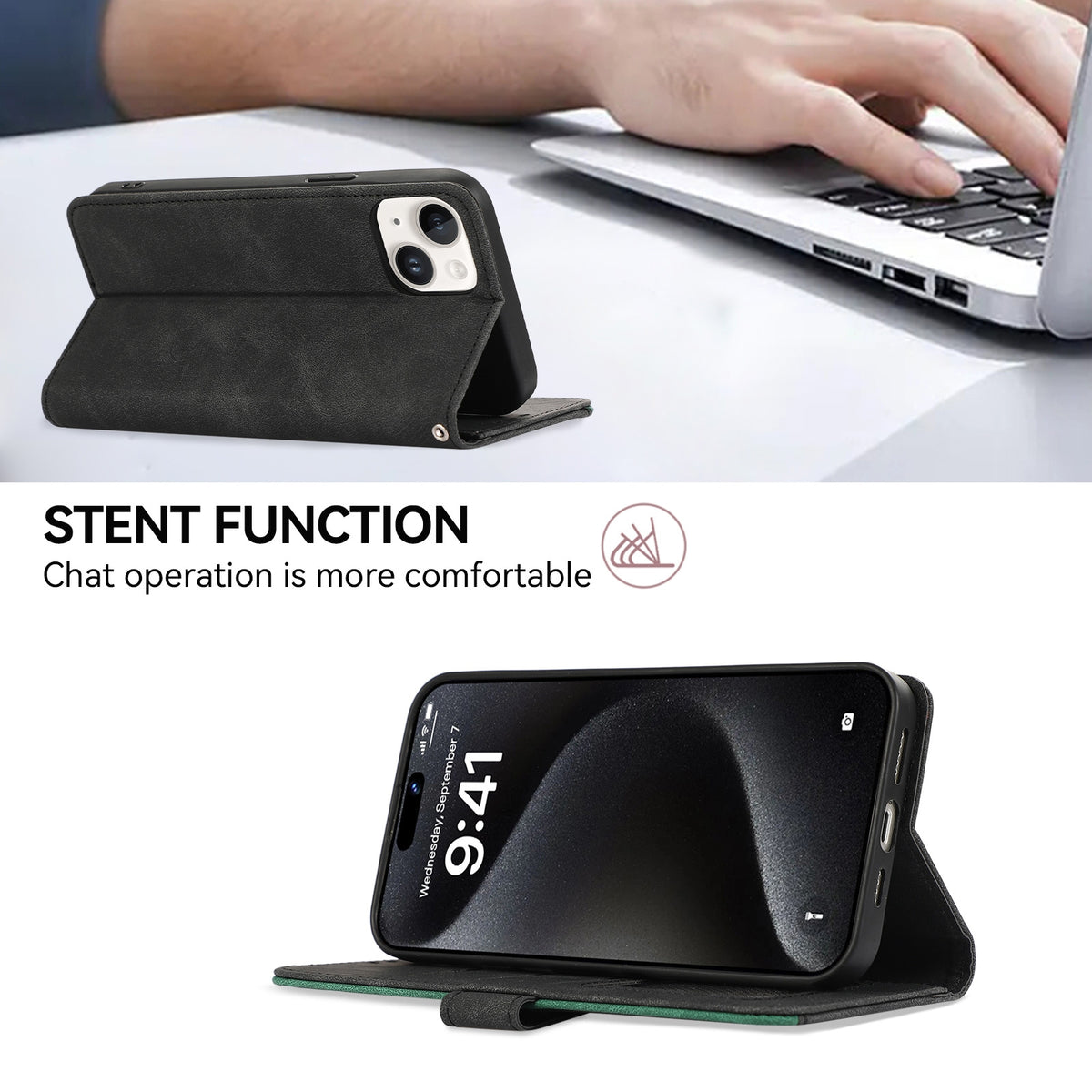 ELECTROPRIME For iPhone 15 ABEEL Color Block Magnetic RFID Leather Phone Case(Black-Green)