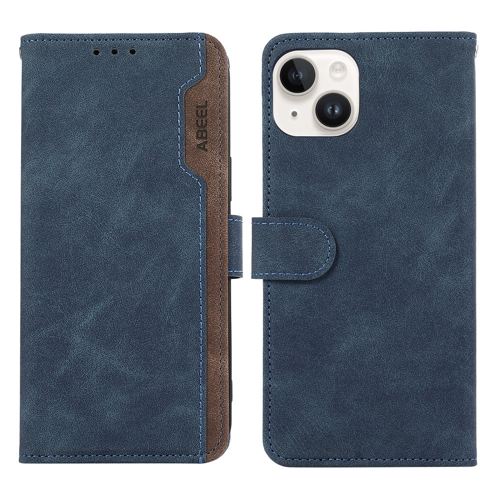ELECTROPRIME For iPhone 15 ABEEL Color Block Magnetic RFID Leather Phone Case(Blue-Brown)