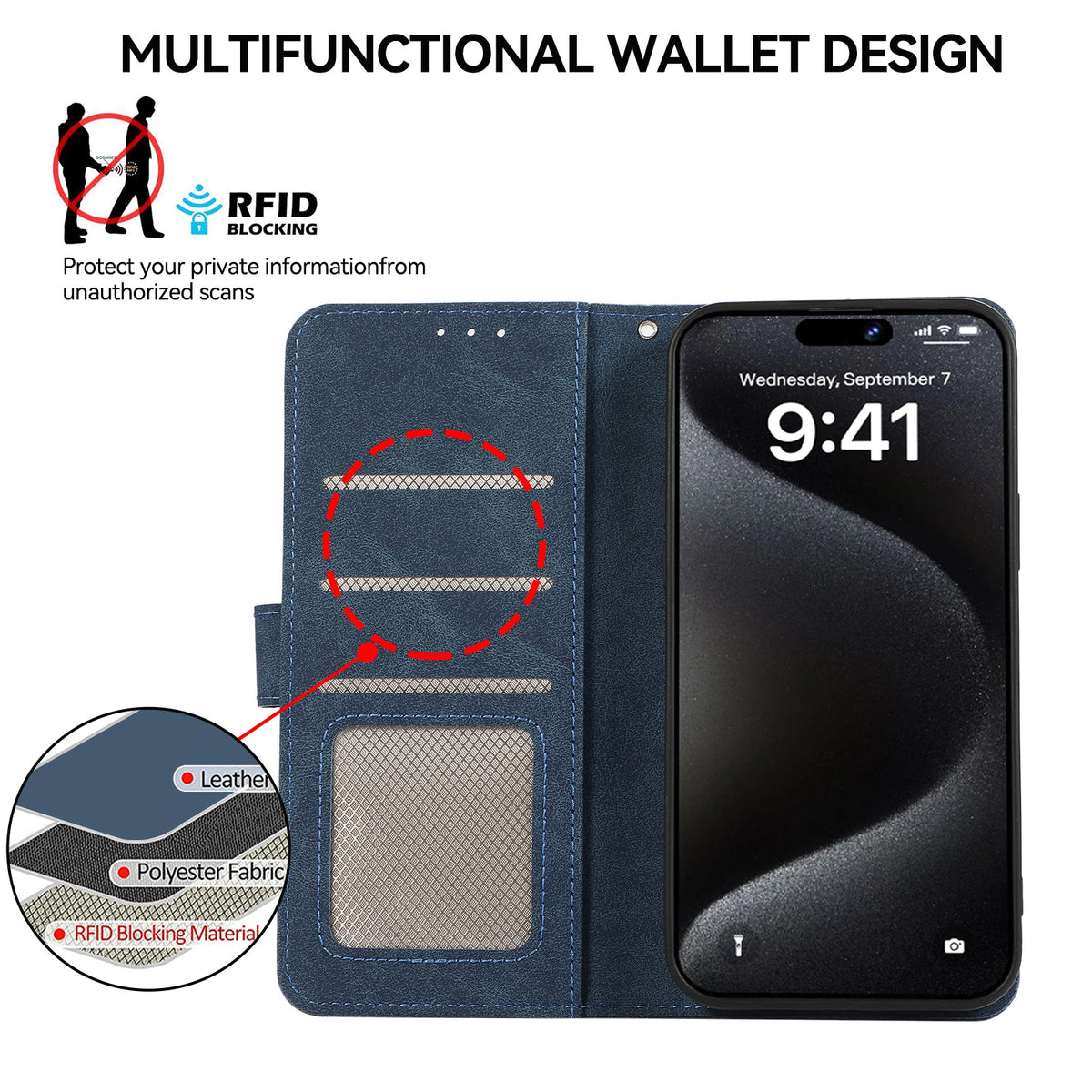 ELECTROPRIME For iPhone 15 ABEEL Color Block Magnetic RFID Leather Phone Case(Blue-Brown)