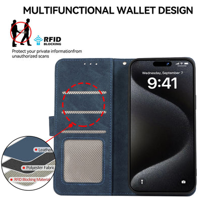ELECTROPRIME For iPhone 15 ABEEL Color Block Magnetic RFID Leather Phone Case(Blue-Brown)