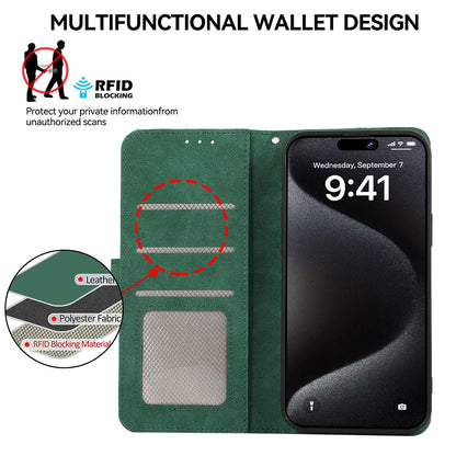 ELECTROPRIME For iPhone 15 ABEEL Color Block Magnetic RFID Leather Phone Case(Green-Black)