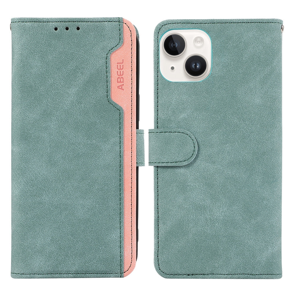 ELECTROPRIME For iPhone 15 ABEEL Color Block Magnetic RFID Leather Phone Case(Cyan-Pink)