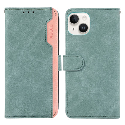 ELECTROPRIME For iPhone 15 ABEEL Color Block Magnetic RFID Leather Phone Case(Cyan-Pink)