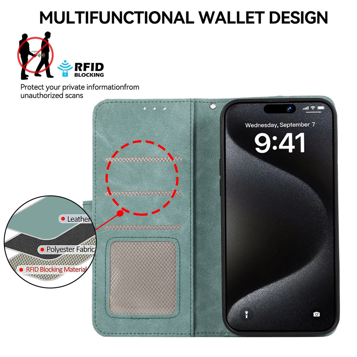 ELECTROPRIME For iPhone 15 ABEEL Color Block Magnetic RFID Leather Phone Case(Cyan-Pink)