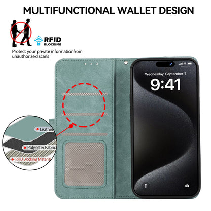 ELECTROPRIME For iPhone 15 ABEEL Color Block Magnetic RFID Leather Phone Case(Cyan-Pink)
