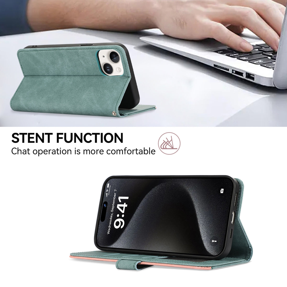 ELECTROPRIME For iPhone 15 ABEEL Color Block Magnetic RFID Leather Phone Case(Cyan-Pink)