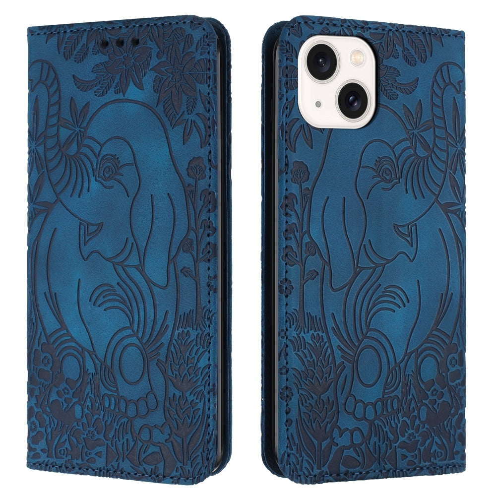ELECTROPRIME For iPhone 15 Retro Elephant Embossed Leather Phone Case(Blue)