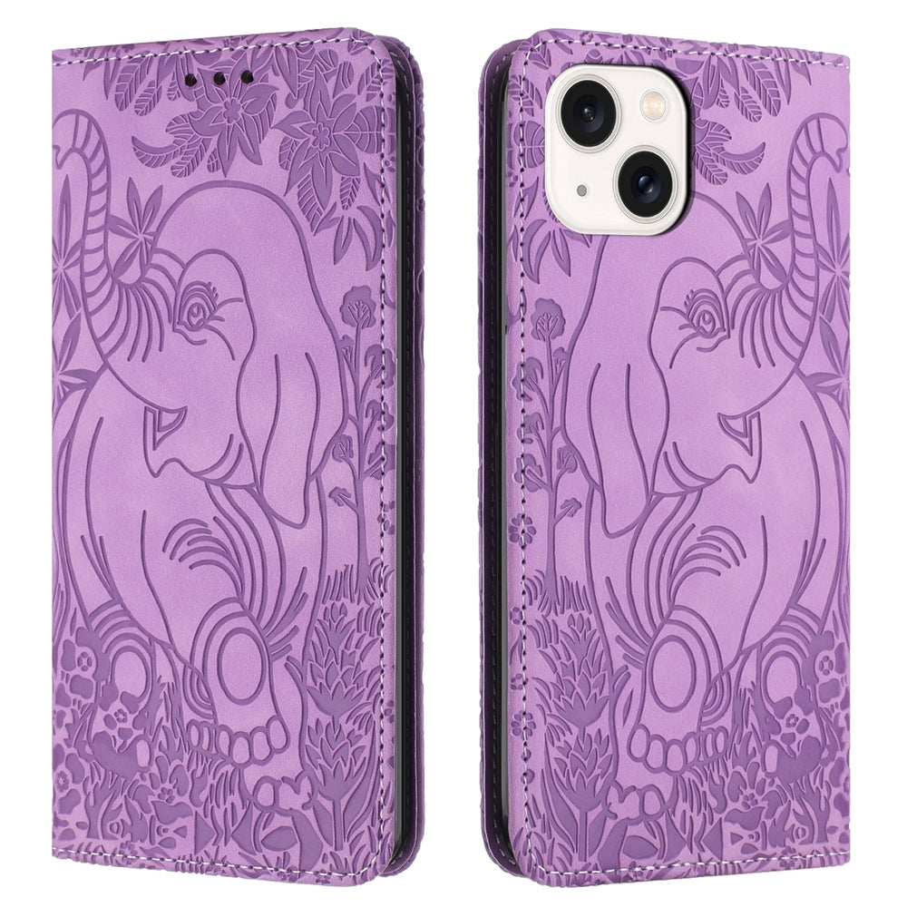 ELECTROPRIME For iPhone 15 Retro Elephant Embossed Leather Phone Case(Purple)
