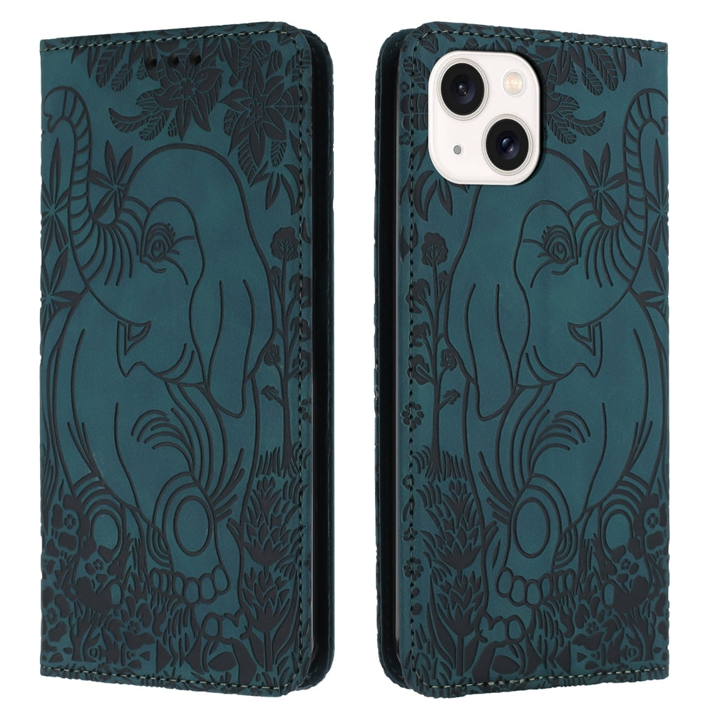 ELECTROPRIME For iPhone 15 Retro Elephant Embossed Leather Phone Case(Green)