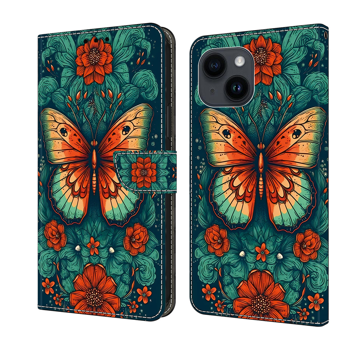 ELECTROPRIME For iPhone 15 Crystal Painted Leather Phone case(Flower Butterfly)