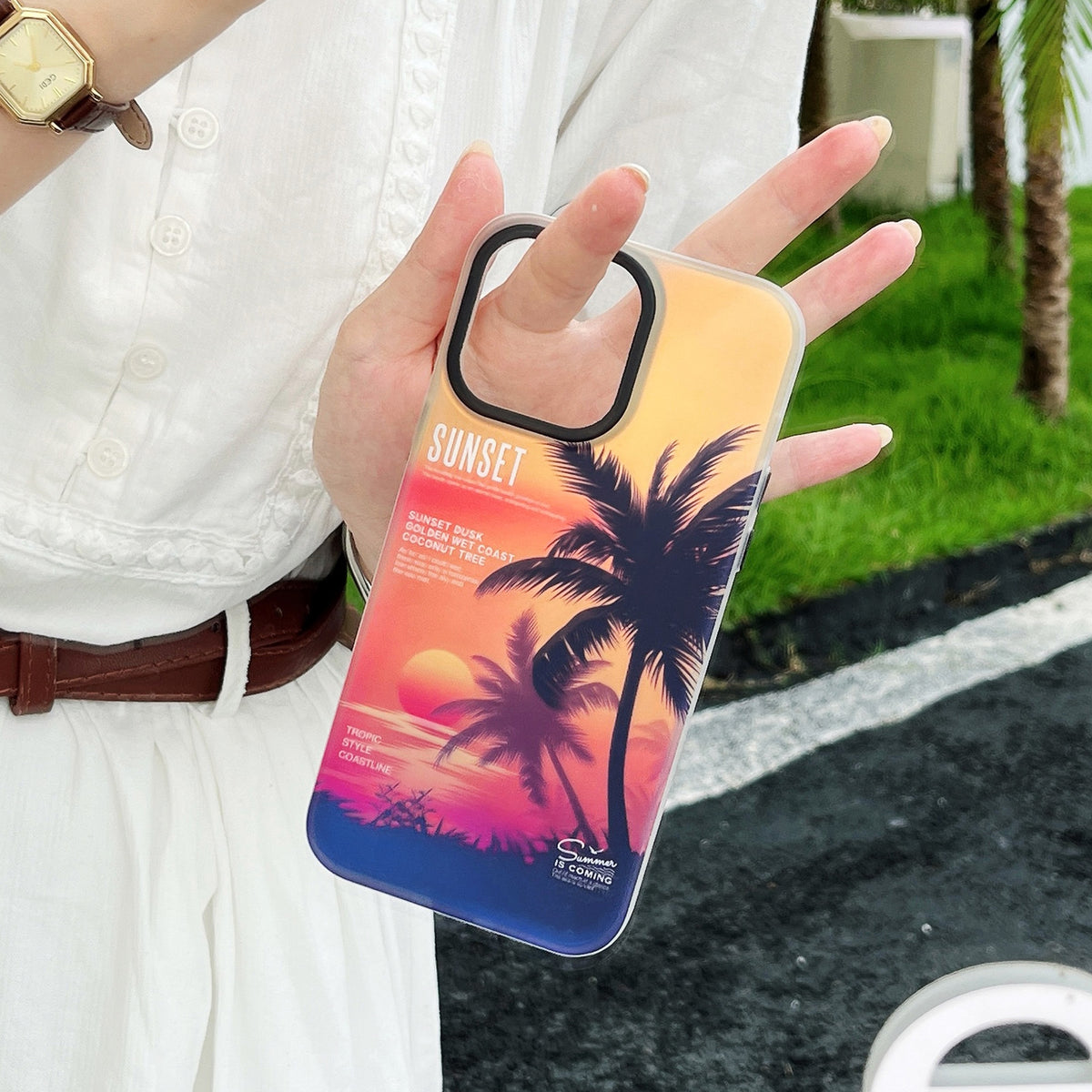 ELECTROPRIME For iPhone 15 SUNSET Coconut Tree Dual-side Laminating Laser Phone Case(Red)