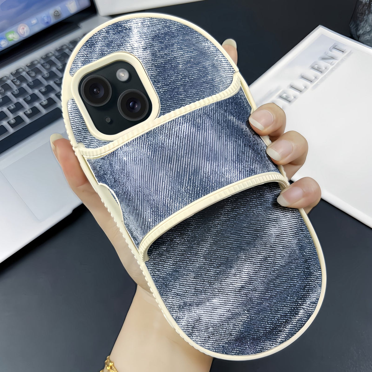 ELECTROPRIME For iPhone 15 Creative Denim Slipper Design TPU Phone Case(Grey Blue)