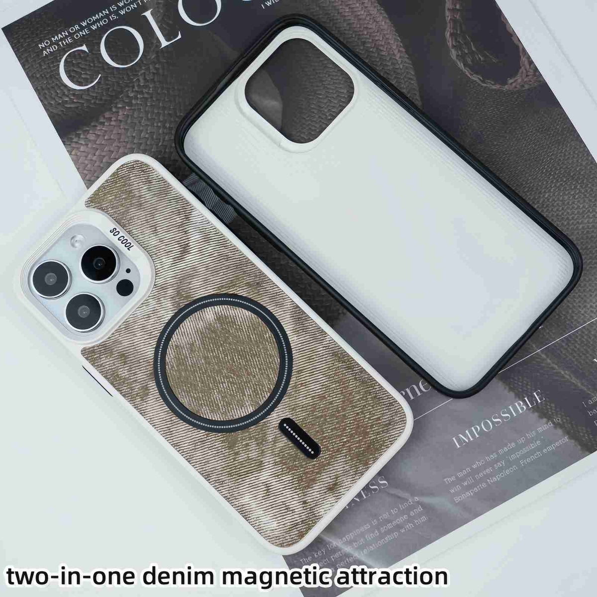 ELECTROPRIME For iPhone 15 Plus Contrast Color Denim MagSafe Magnetic Phone Case(Black)