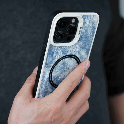 ELECTROPRIME For iPhone 15 Plus Contrast Color Denim MagSafe Magnetic Phone Case(Black)