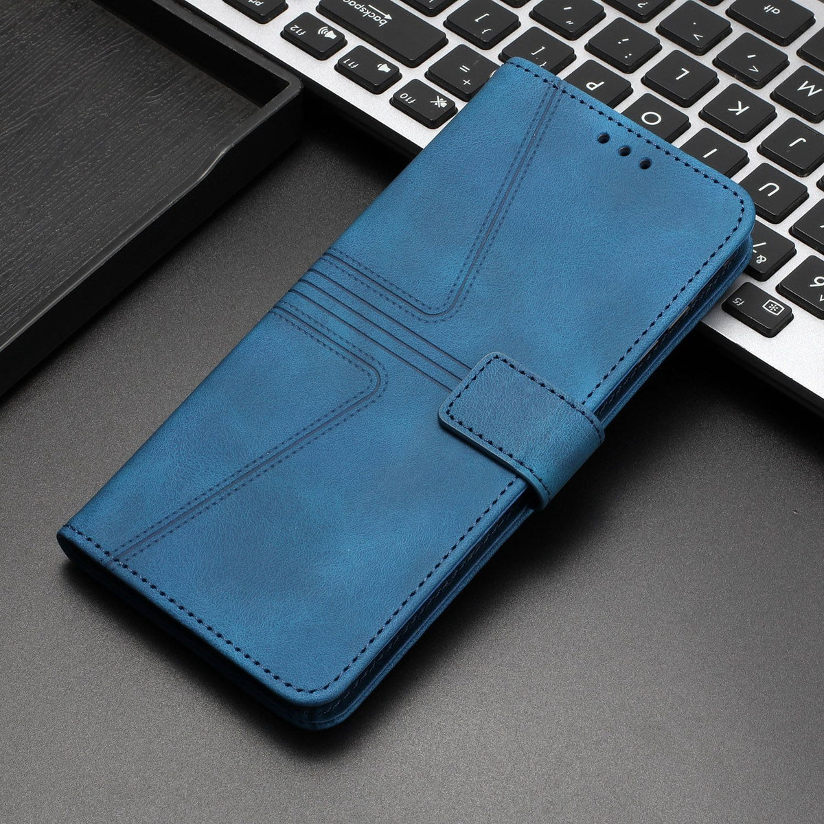 ELECTROPRIME For iPhone 15 Plus Triangle Solid Color Leather Phone Case(Blue)