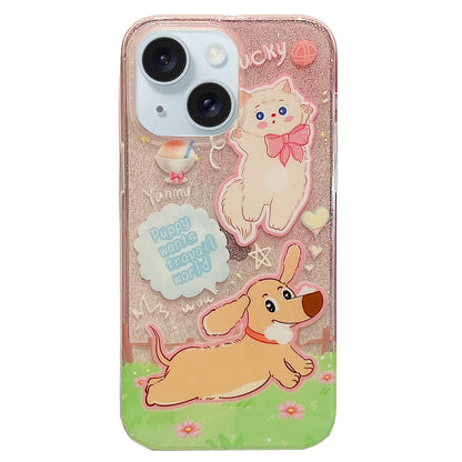 ELECTROPRIME For iPhone 15 Double Sided IMD Full Coverage TPU Phone Case(Dachshund Bow Cat)