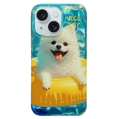 ELECTROPRIME For iPhone 15 Double Sided IMD Full Coverage TPU Phone Case(Yellow Swimming Ring Pomeranian)