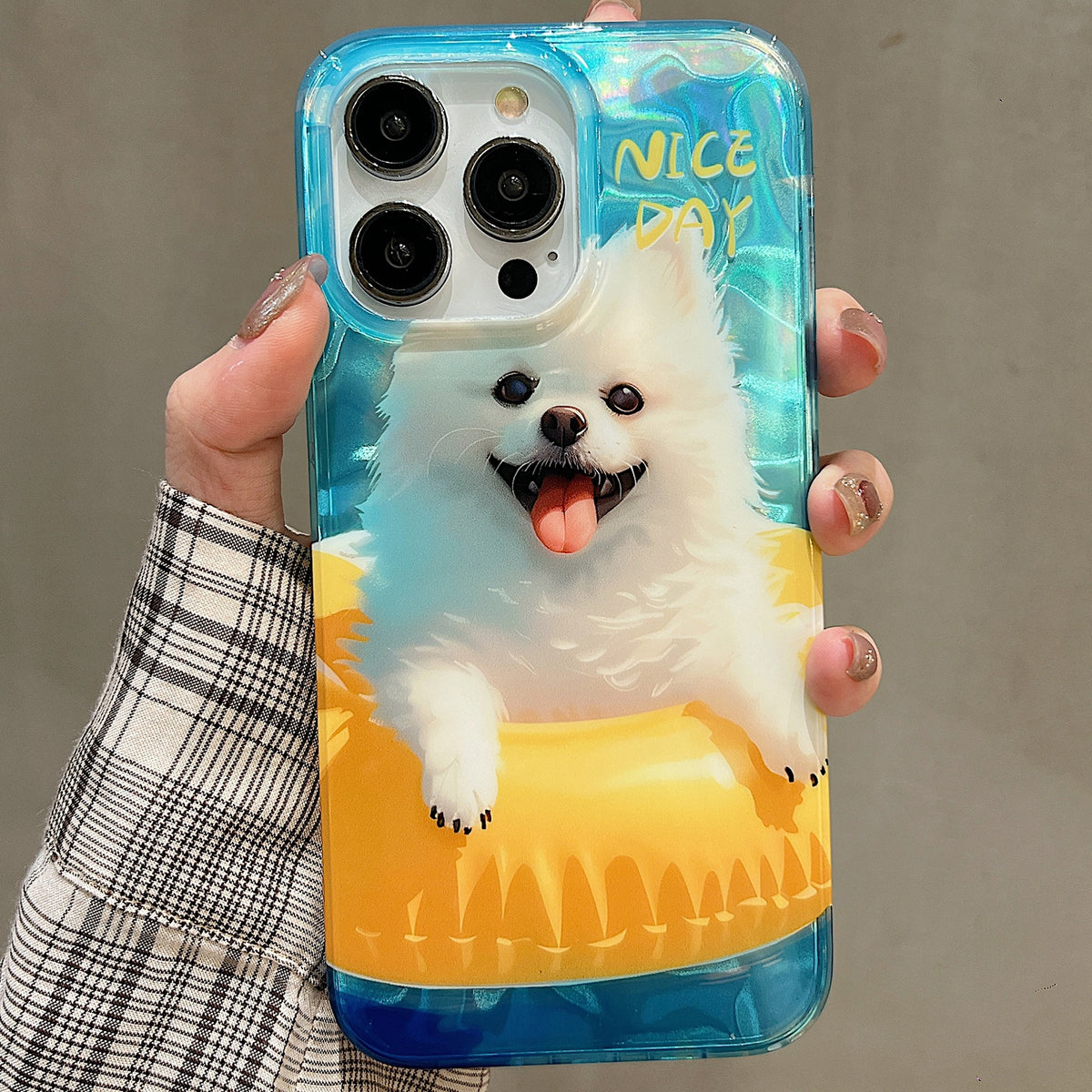 ELECTROPRIME For iPhone 15 Double Sided IMD Full Coverage TPU Phone Case(Yellow Swimming Ring Pomeranian)