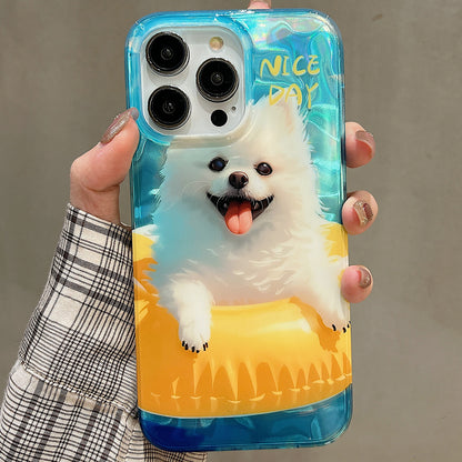 ELECTROPRIME For iPhone 15 Double Sided IMD Full Coverage TPU Phone Case(Yellow Swimming Ring Pomeranian)