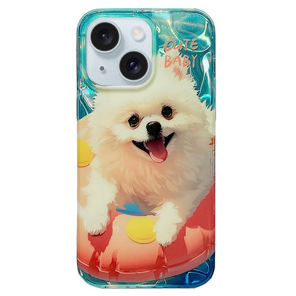ELECTROPRIME For iPhone 15 Double Sided IMD Full Coverage TPU Phone Case(Pink Swimming Ring Pomeranian)
