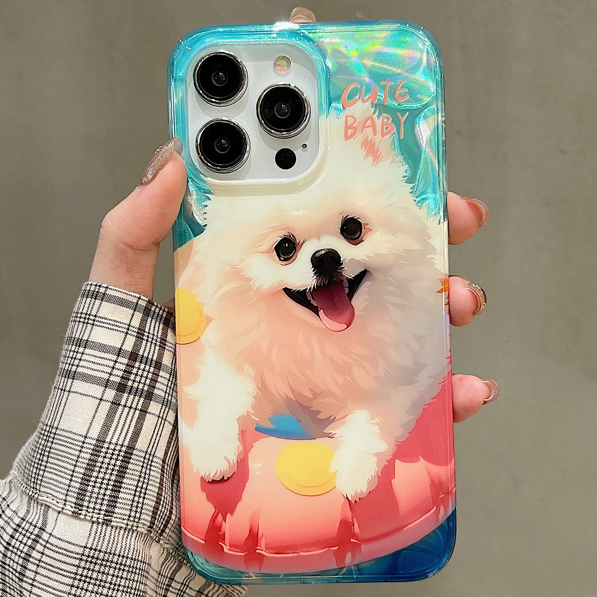 ELECTROPRIME For iPhone 15 Double Sided IMD Full Coverage TPU Phone Case(Pink Swimming Ring Pomeranian)