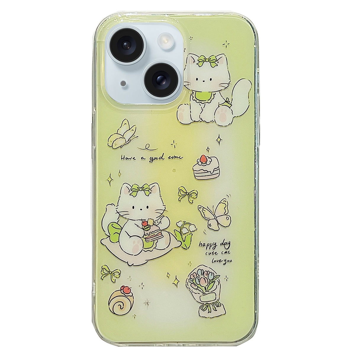 ELECTROPRIME For iPhone 15 Double Sided IMD Full Coverage TPU Phone Case(Green Bow Cat)
