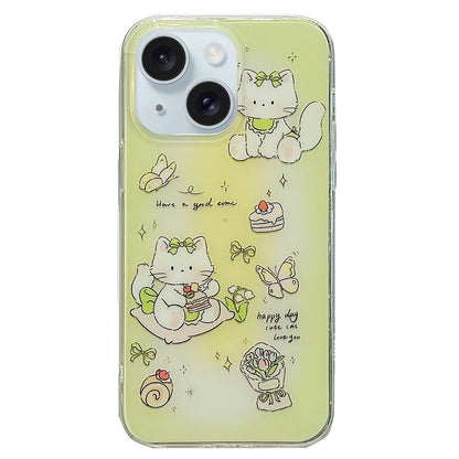 ELECTROPRIME For iPhone 15 Double Sided IMD Full Coverage TPU Phone Case(Green Bow Cat)