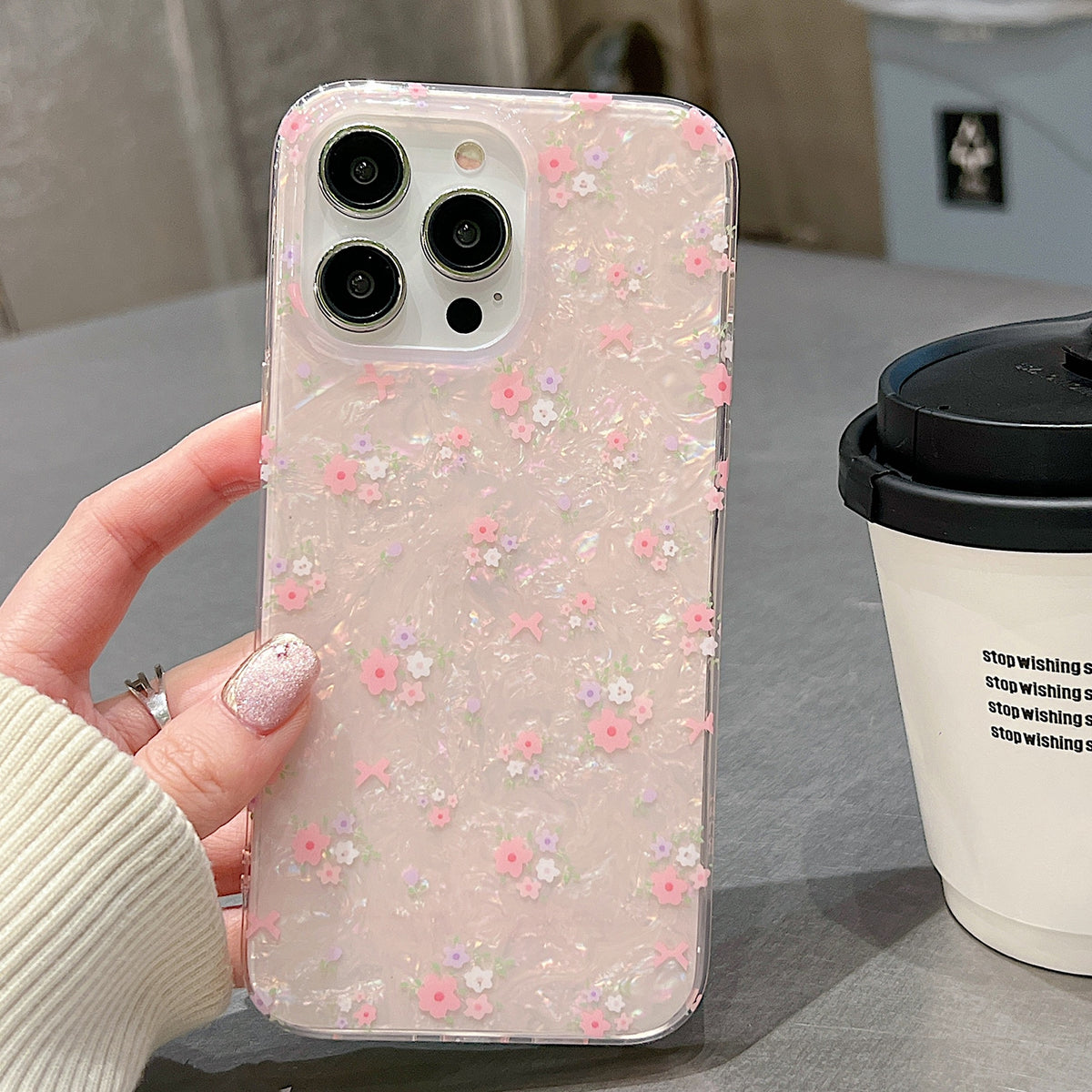 ELECTROPRIME For iPhone 15 Double Sided IMD Full Coverage TPU Phone Case(Pink White Flowers)
