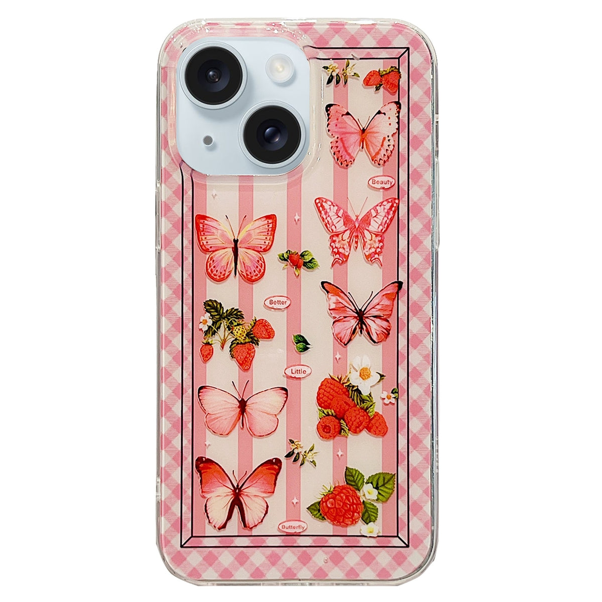 ELECTROPRIME For iPhone 15 Double Sided IMD Full Coverage TPU Phone Case(Pink Butterfly Fruit)
