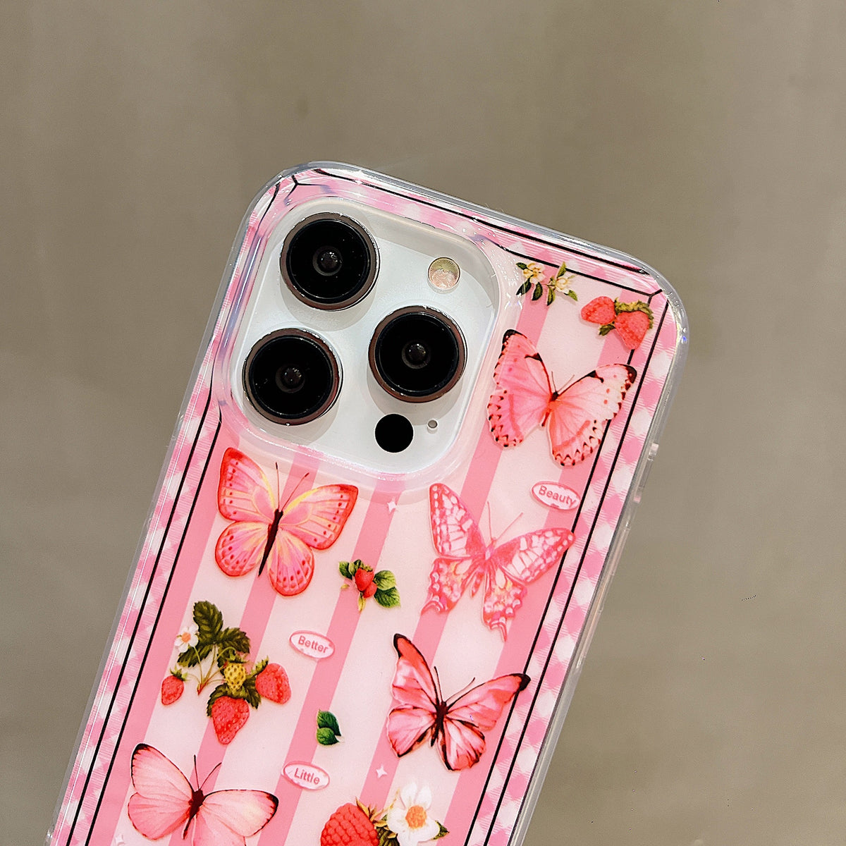 ELECTROPRIME For iPhone 15 Double Sided IMD Full Coverage TPU Phone Case(Pink Butterfly Fruit)