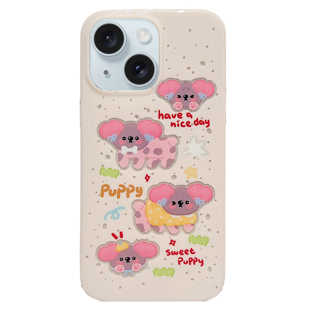 ELECTROPRIME For iPhone 15 Double Sided IMD Full Coverage TPU Phone Case(Pink Big Eared Dog)