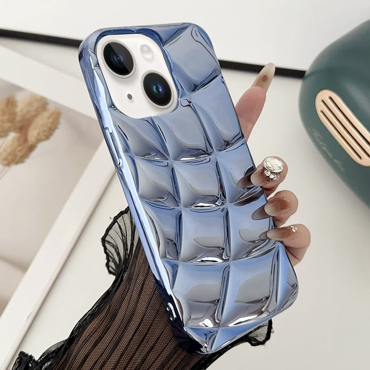 ELECTROPRIME For iPhone 15 Plus Curved Plaid Plated Metallic Paint TPU Phone Case(Blue)