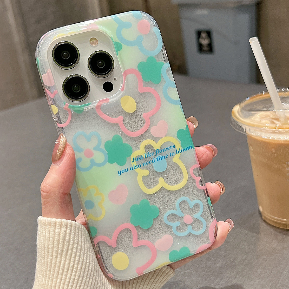 ELECTROPRIME For iPhone 15 Double Sided IMD Full Coverage TPU Phone Case(Hook Line Pink Yellow Blue Flowers)