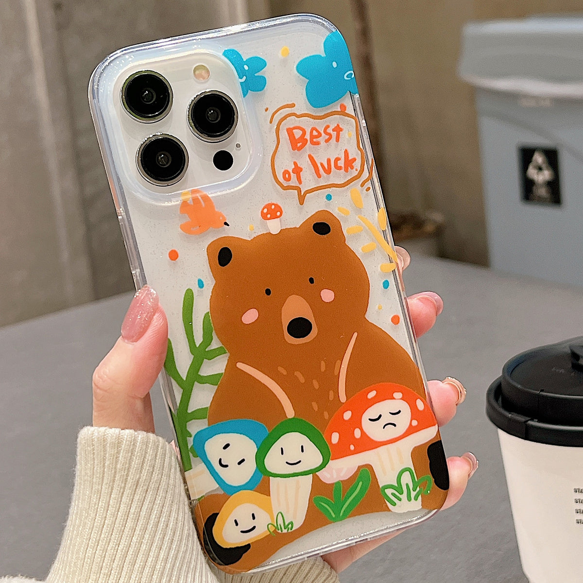 ELECTROPRIME For iPhone 15 Double Sided IMD Full Coverage TPU Phone Case(Brown Bear Smiley Face Crying Face)