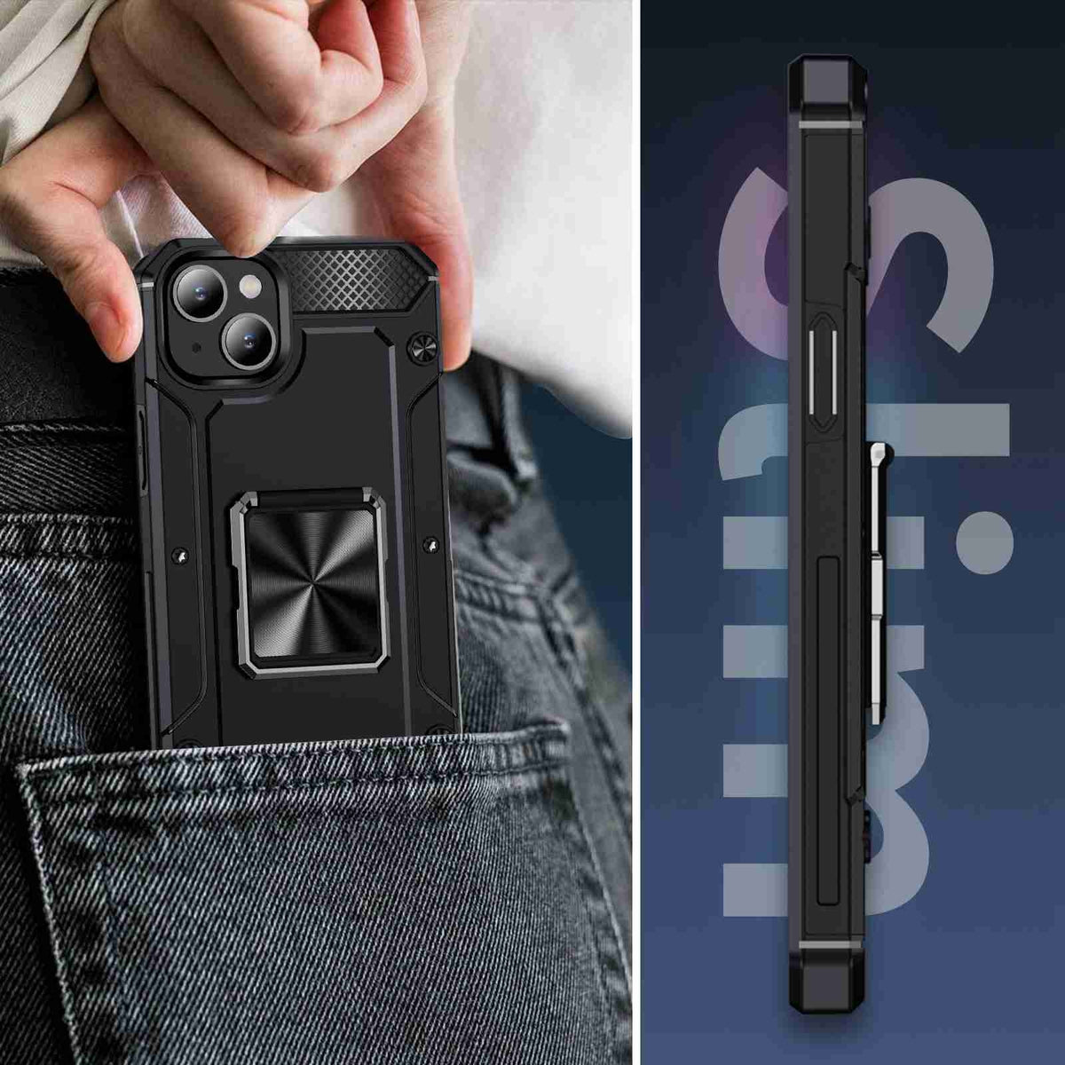 ELECTROPRIME For iPhone 15 Shockproof Metal Holder Phone Case(Black)