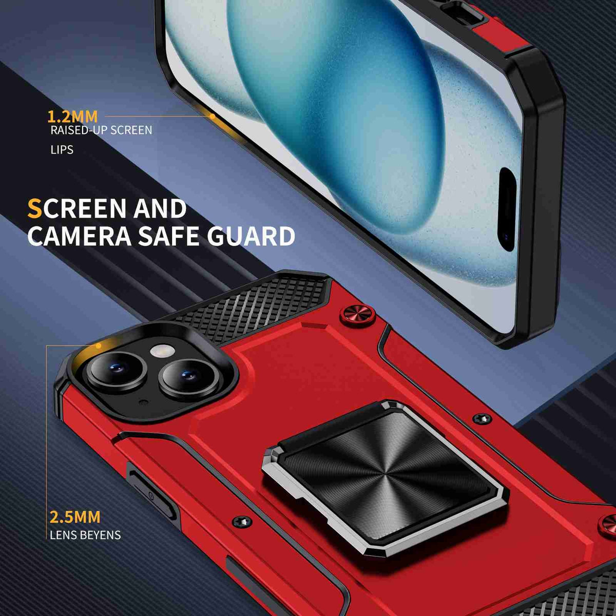 ELECTROPRIME For iPhone 15 Shockproof Metal Holder Phone Case(Red)