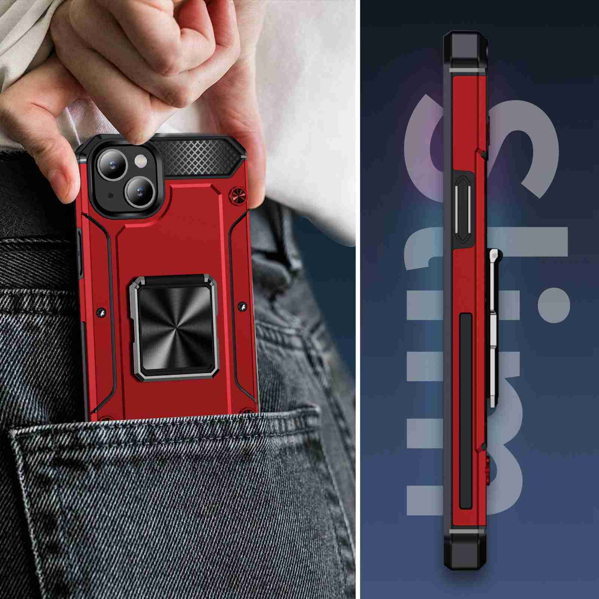 ELECTROPRIME For iPhone 15 Shockproof Metal Holder Phone Case(Red)