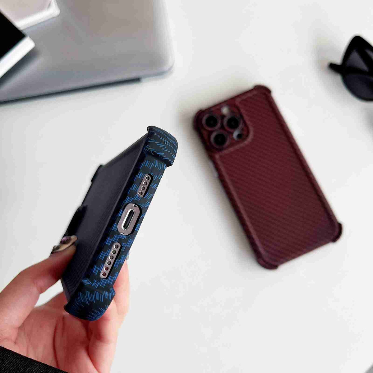 ELECTROPRIME For iPhone 15 Plus Carbon Fiber Four Corners Shockproof TPU Phone Case(Wine Red)
