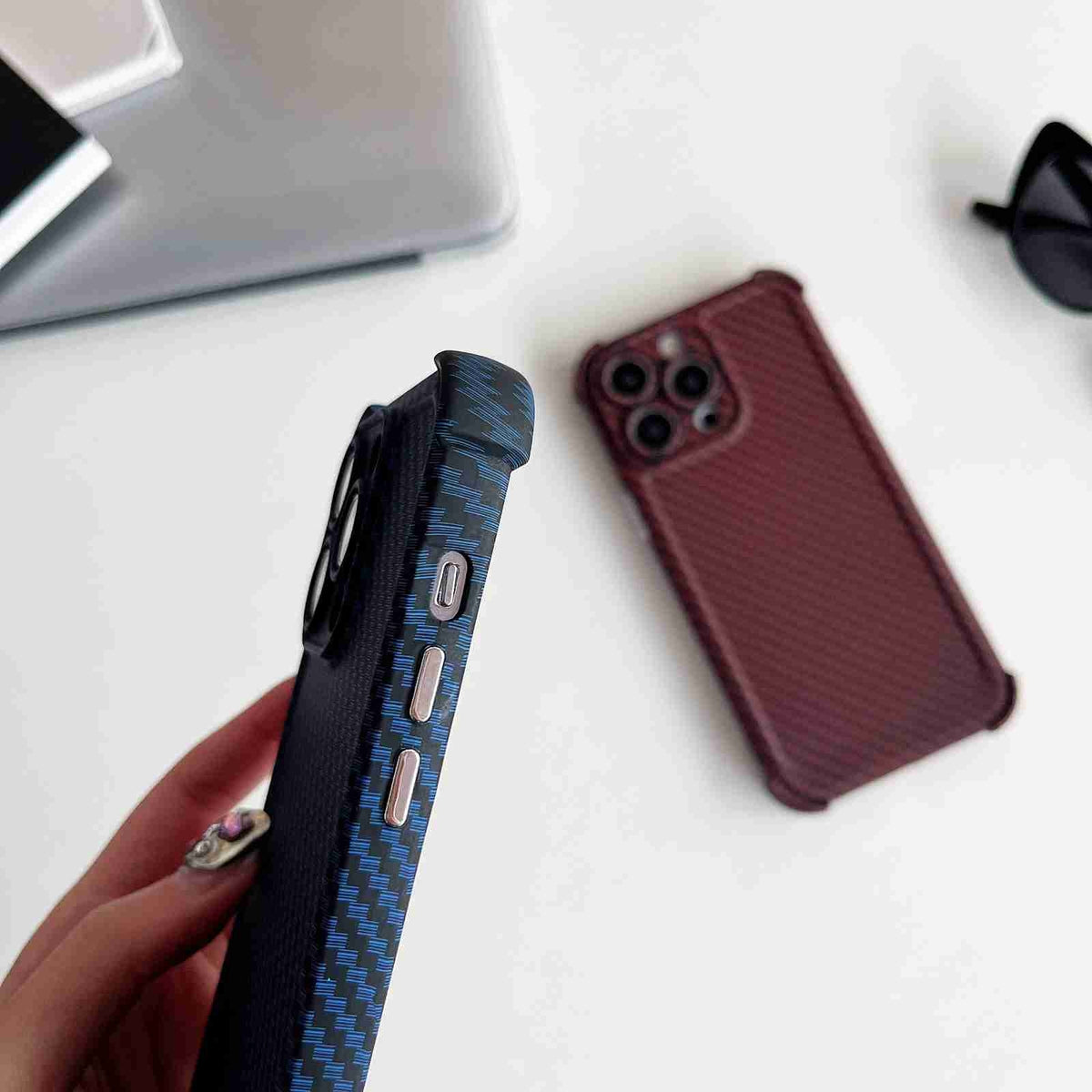 ELECTROPRIME For iPhone 15 Plus Carbon Fiber Four Corners Shockproof TPU Phone Case(Wine Red)