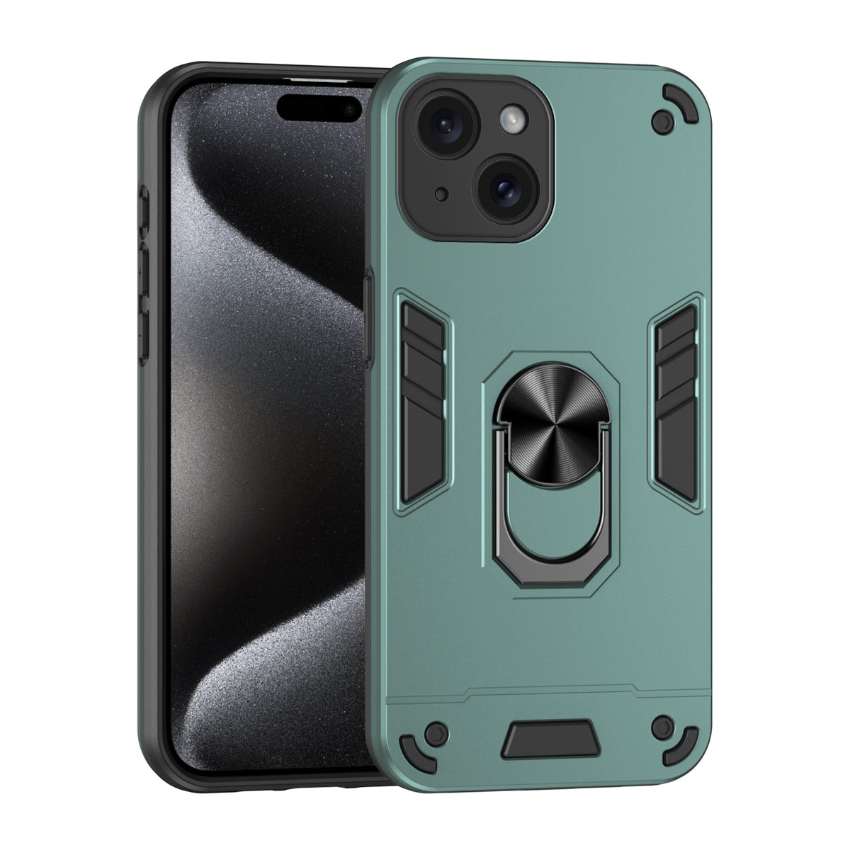 ELECTROPRIME For iPhone 15 Plus Shockproof Metal Ring Holder Phone Case(Green)