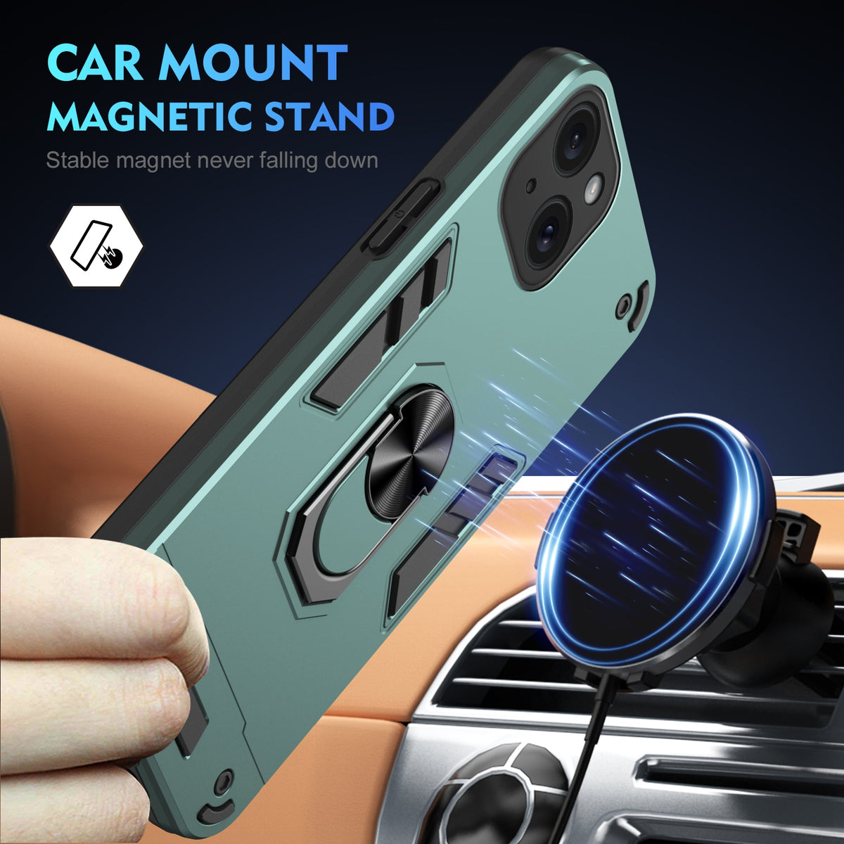 ELECTROPRIME For iPhone 15 Plus Shockproof Metal Ring Holder Phone Case(Green)
