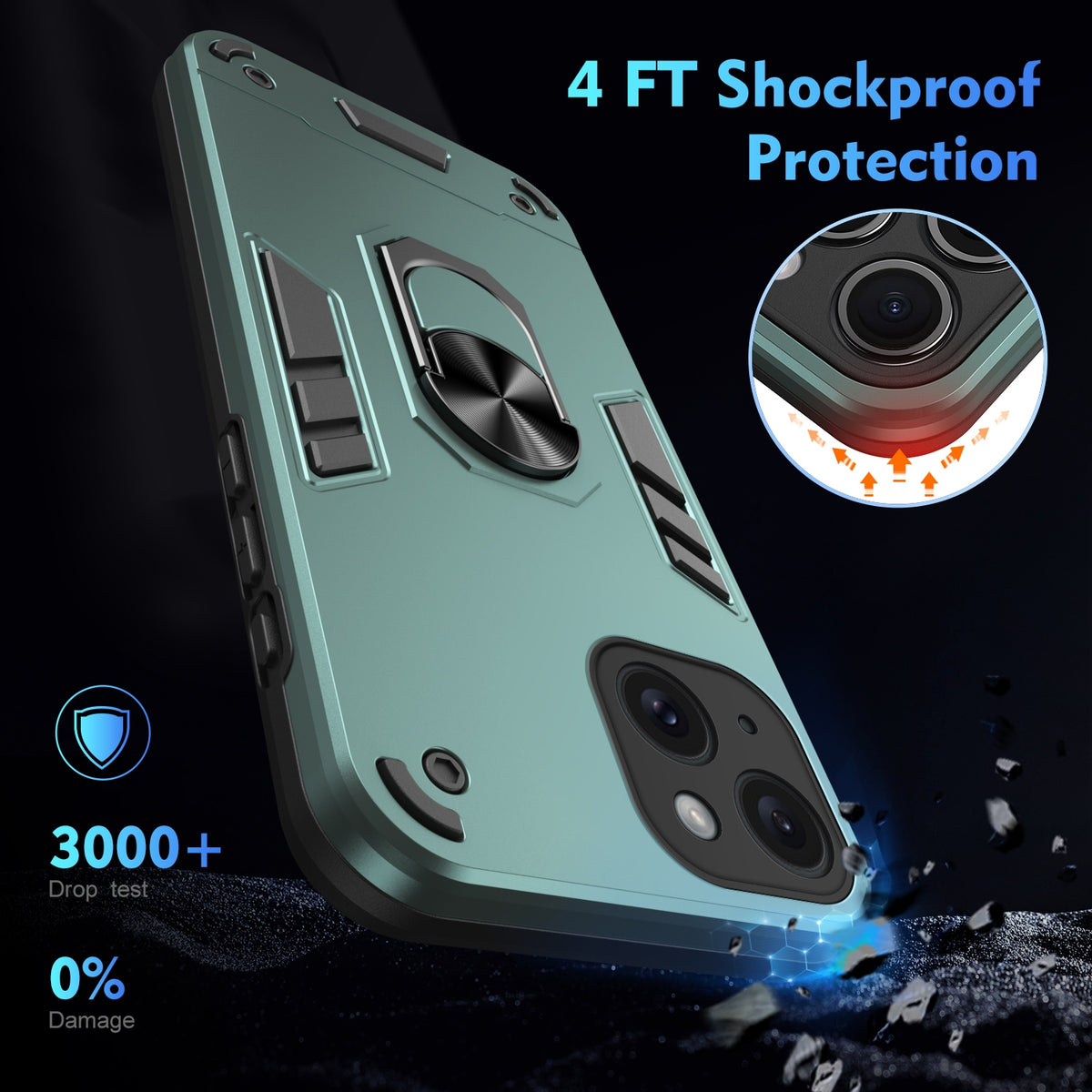 ELECTROPRIME For iPhone 15 Plus Shockproof Metal Ring Holder Phone Case(Green)
