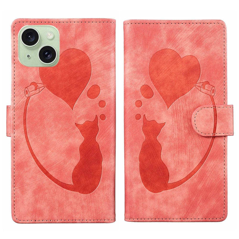 ELECTROPRIME For iPhone 15 Pen Heart Cat Embossed Leather Phone Case(Orange)