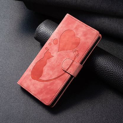 ELECTROPRIME For iPhone 15 Pen Heart Cat Embossed Leather Phone Case(Orange)