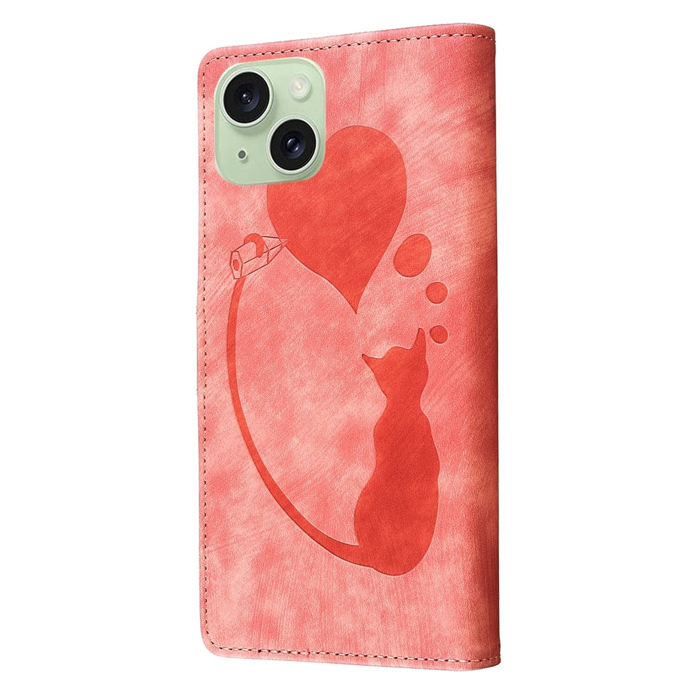 ELECTROPRIME For iPhone 15 Pen Heart Cat Embossed Leather Phone Case(Orange)