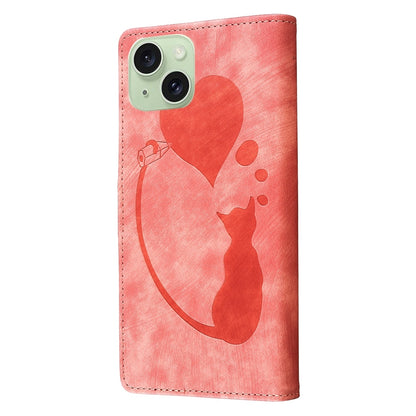 ELECTROPRIME For iPhone 15 Pen Heart Cat Embossed Leather Phone Case(Orange)