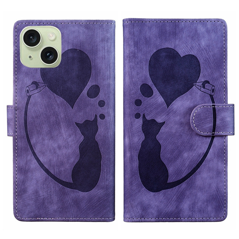 ELECTROPRIME For iPhone 15 Pen Heart Cat Embossed Leather Phone Case(Purple)