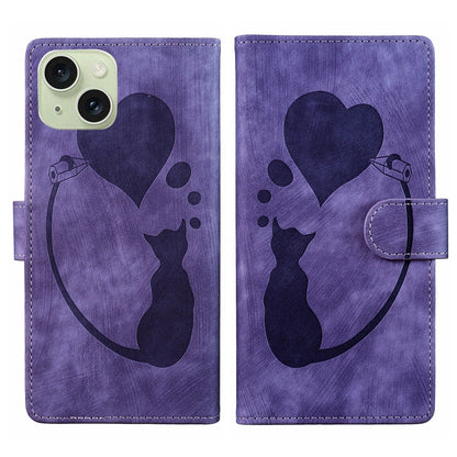 ELECTROPRIME For iPhone 15 Pen Heart Cat Embossed Leather Phone Case(Purple)