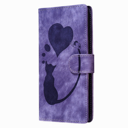 ELECTROPRIME For iPhone 15 Pen Heart Cat Embossed Leather Phone Case(Purple)